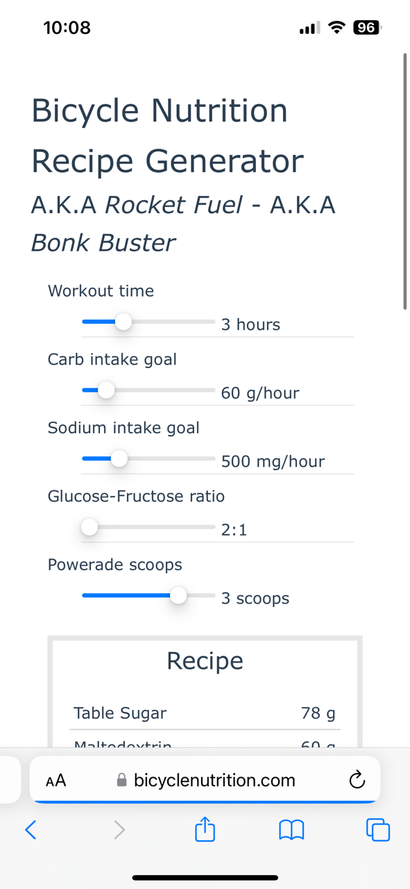 Screenshot of bicycle nutrition website on mobile.